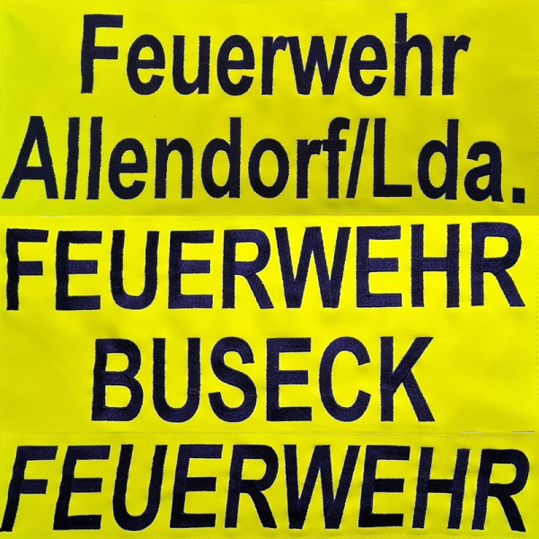 Rückenschild zitronengelb, reflektierend, 38 x 8 cm, gestickt